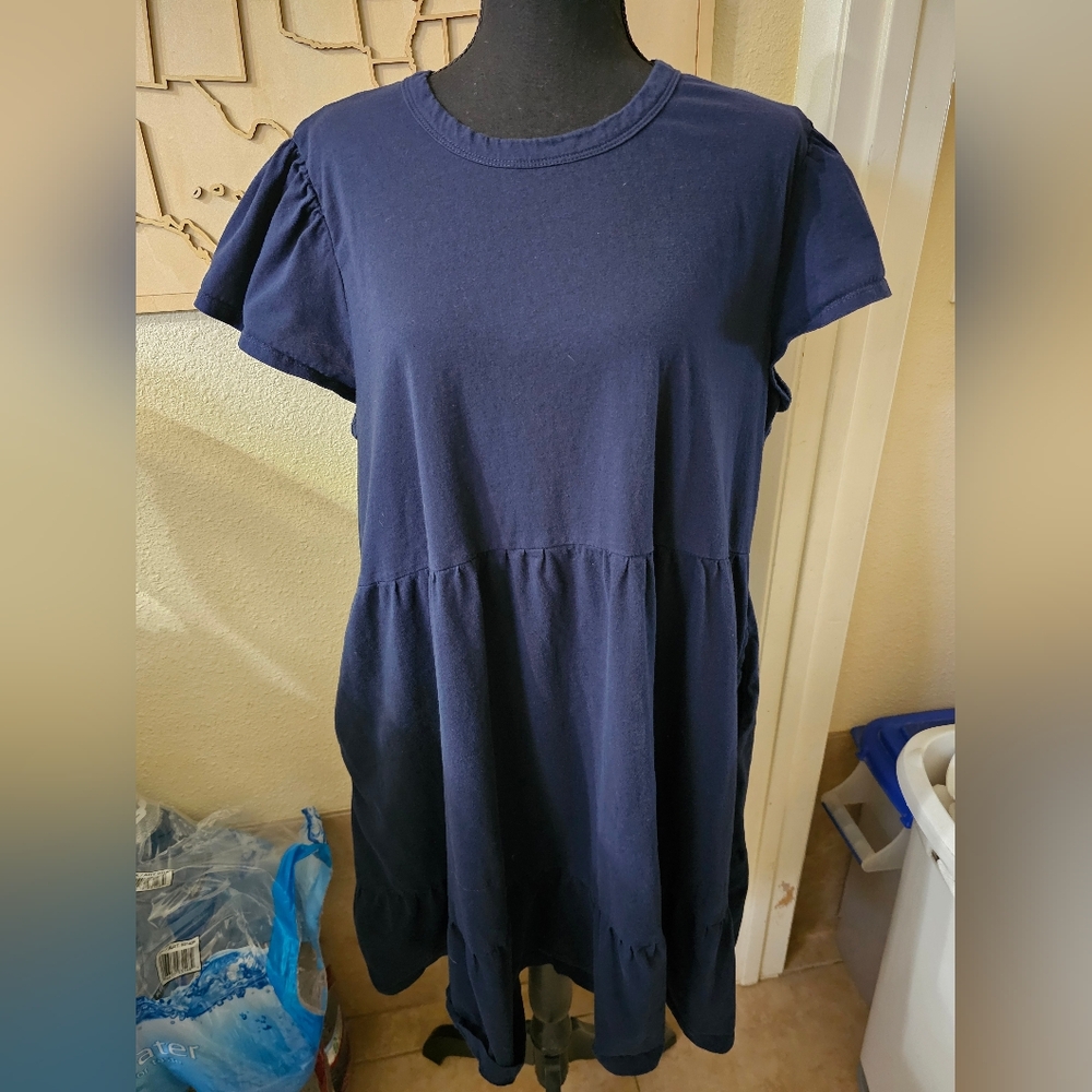 Time and Tru Dark Blue Midi Dress, Cap Short Sleeves,Waist & Hem Ruffles